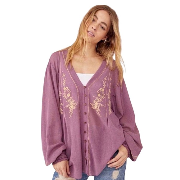 Free People Tops - Free People Margie Balloon Sleeve Embroidered Top in Dusty Violet